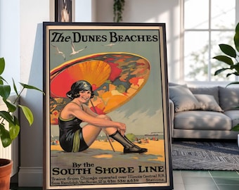 Indiana Dunes Vintage Strand Szene Reise Poster: Bunter Regenschirm, Baden