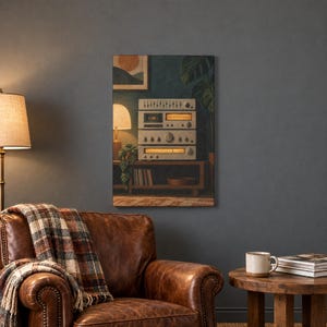 May include: A vertical wall art print depicting a stack of vintage silver audio components including a cassette deck and receiver with glowing amber displays, positioned on a wooden shelf next to a lamp and a potted plant.