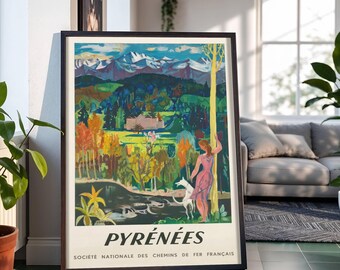 Pyrénées Bunte Berglandschaft Frau und Hund Reise Poster: Vintage Kunst