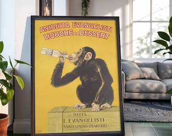 Schimpanse Trinkflasche Vintage Werbung Poster: Retro Schnaps Illustration