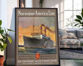 Norwegen Ocean Liner Travel Poster: Sonnenuntergang Hafen, Vintage