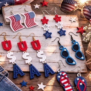 Pendiente colgante patriótico americano, joyería de encaje, accesorio hecho a mano, celebración del 4 de julio, día de la independencia, bandera de EE. UU., ligero, americano