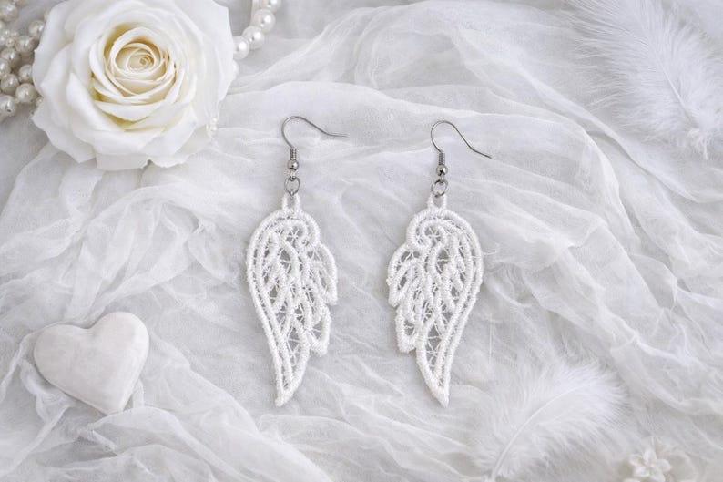 Memorial Angel Earrings Lace Wing Design Remembrance Jewelry Sympathy Gift Bereavement Present Memory Tribute Keepsake Accessory Handmade Embroidered Wings Customizable Color Options Hypoallergenic Ear Wires Lightweight Comfortable Daily