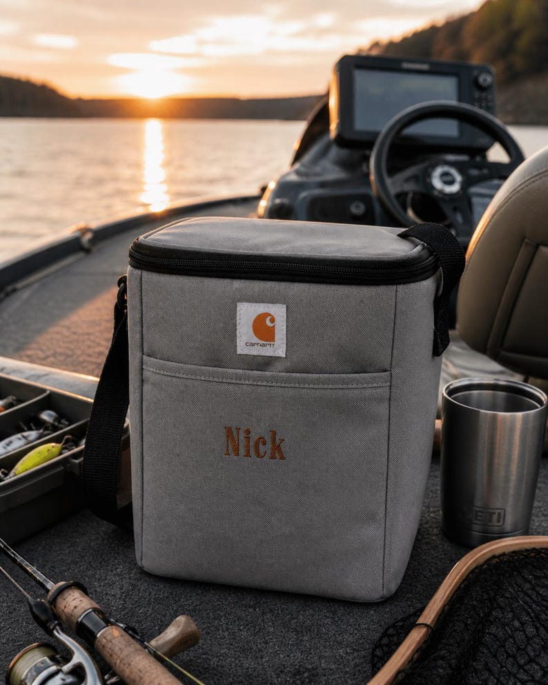Personalized Carhartt Cooler Bag Custom Embroidered Monogram Gift For Him Insulated Lunch Tote Thermal Storage Container Twelve Can Capacity Adjustable Shoulder Strap Work Essential Rugged Polyester Construction Rain Defender Water