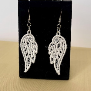 Angel Wing Earrings Memorial Keepsake Lace Design Pattern Remembrance Jewelry Grief Support Gift Memory Tribute Accessory Embroidered Angel Wings Sympathy Present Personalized Color Options Handmade Memorial Jewelry Hypoallergenic Materials