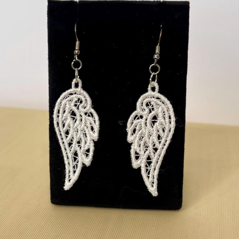 Angel Wing Earrings Memorial Keepsake Lace Design Pattern Remembrance Jewelry Grief Support Gift Memory Tribute Accessory Embroidered Angel Wings Sympathy Present Personalized Color Options Handmade Memorial Jewelry Hypoallergenic Materials