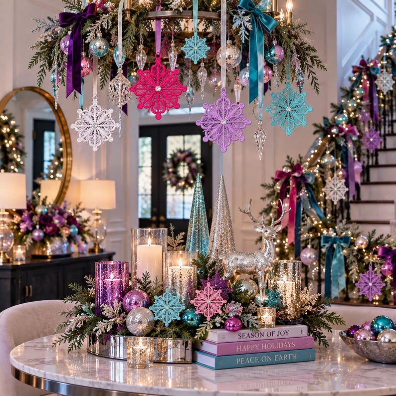 May include: A holiday centerpiece featuring a silver reindeer, three glass candle holders with lit candles, and colorful ornaments. A stack of books with the text Season of Joy, Happy Holidays, and Peace on Earth sits beside the arrangement.