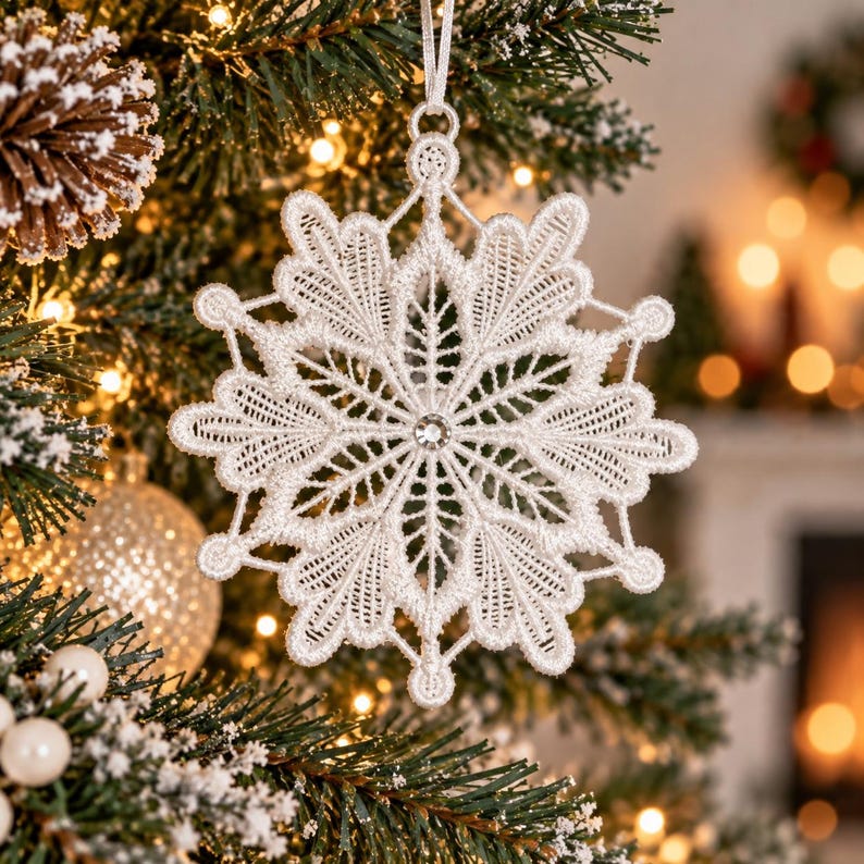 May include: A white lace snowflake ornament featuring intricate threadwork and a single clear crystal at the center. The six-pointed star design is suspended by a thin white ribbon loop, showcasing detailed embroidery patterns throughout the structure.