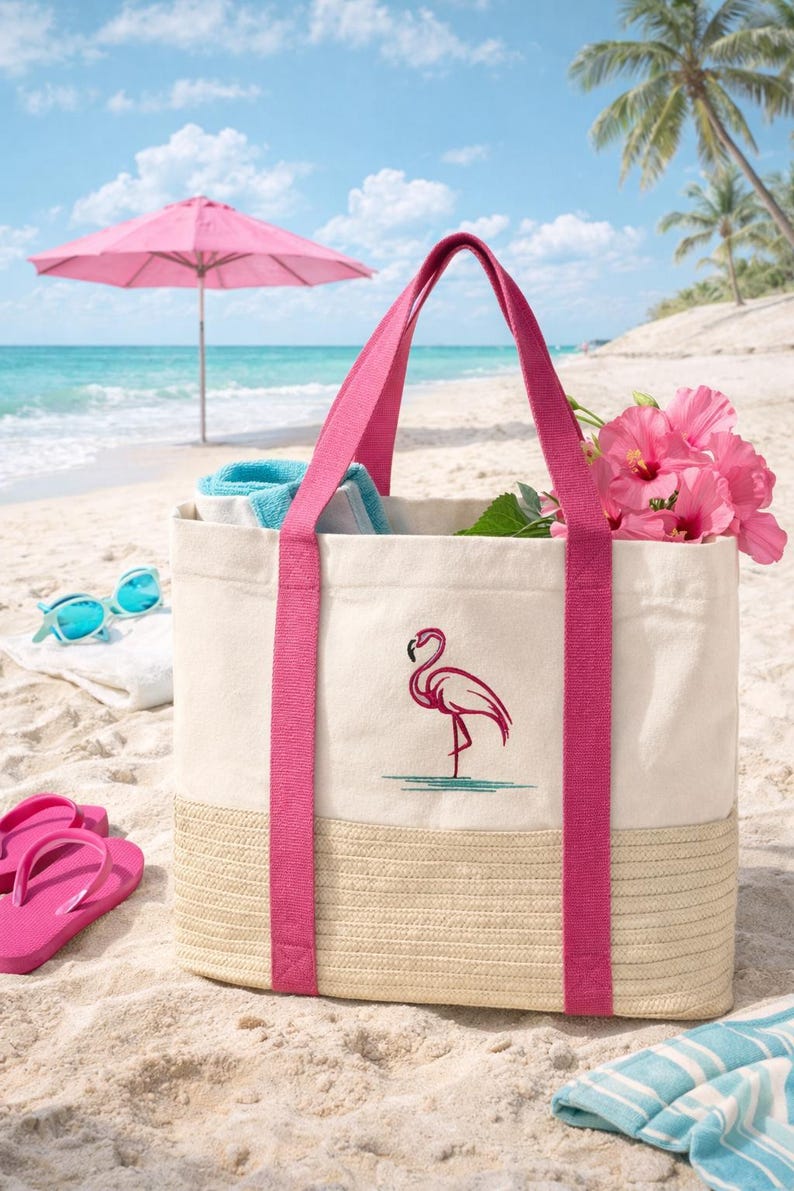 Flamingo Beach Tote Bag Bachelorette Gift Bride Honeymoon Market Basket ...