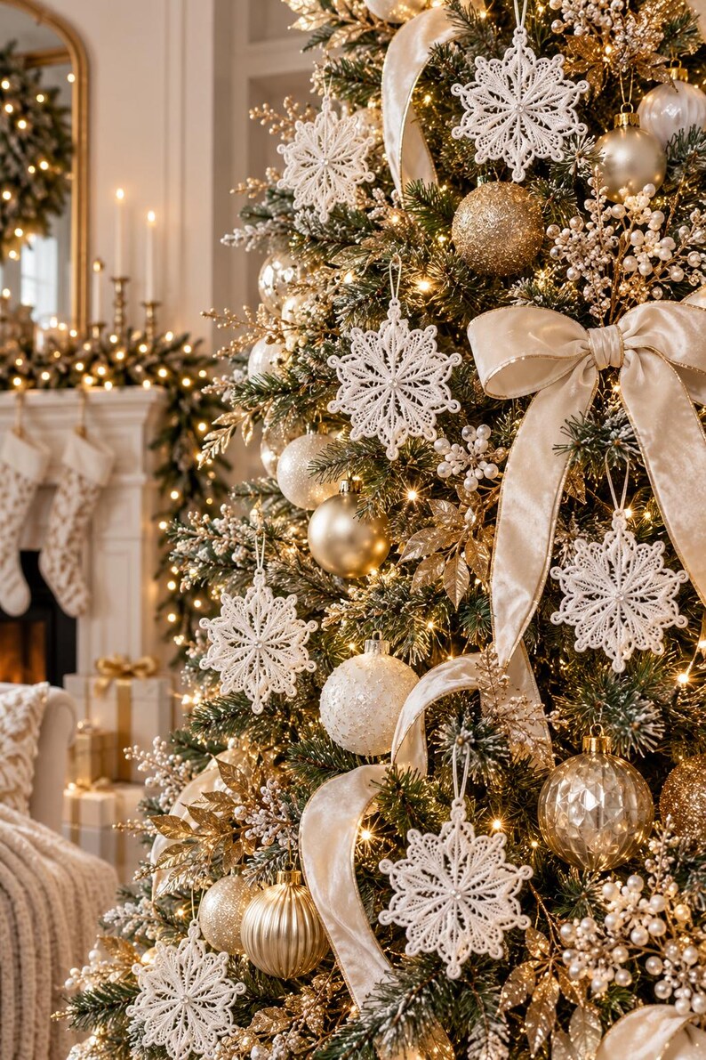 May include: A Christmas tree decorated with white lace snowflake ornaments, gold and white baubles, and a large beige velvet ribbon. The tree features warm string lights, gold leaf accents, and small white berry sprays throughout the branches.
