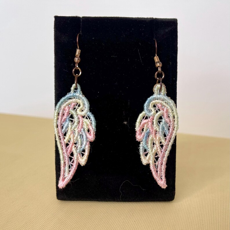 Handmade Memorial Earrings Angel Wing Design Lace Embroidered Pattern Remembrance Jewelry Sympathy Gift Bereavement Present Customizable Color Options Memory Tribute Accessory Hypoallergenic Materials Lightweight Comfortable Wearable
