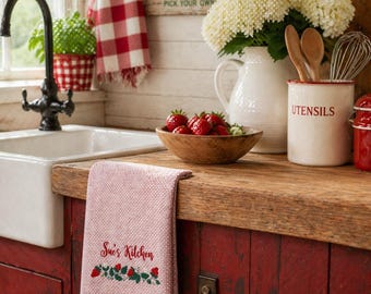 Strofinaccio da cucina con motivo a fragole, idea regalo per l'inaugurazione della casa, accessorio per la casa, design ricamato, tessuto di cotone, stile rustico, accento country, tessuto