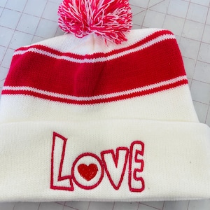 Chunky Knit Beanie Embroidered LOVE Design for Winter Fashion Pink & White Hat for Women and Girls Cap Birthday Cozy Gift for Daughter