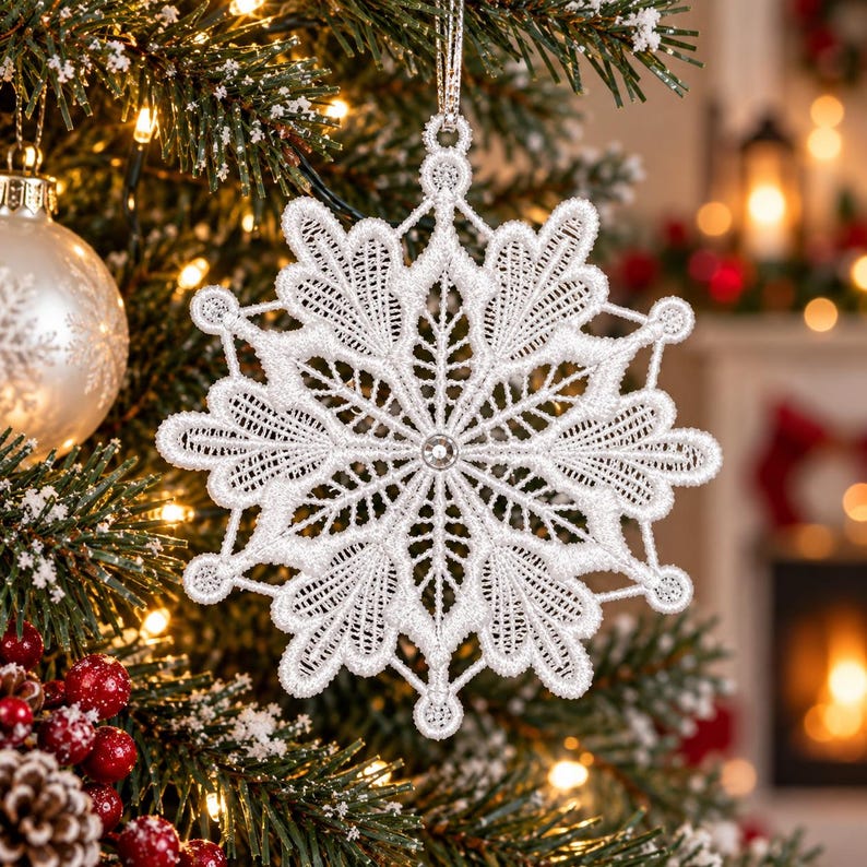 May include: A white snowflake ornament crafted from intricate lace embroidery. The design features a symmetrical, star-like pattern with delicate, open-work stitching and a small, clear circular bead centered at the core, suspended by a silver cord.