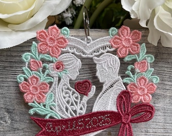 Adorno bordado de boda con forma de corazón, recuerdo para novia y novio, regalo personalizado, celebración de matrimonio, pareja romántica, 13.º aniversario de encaje.