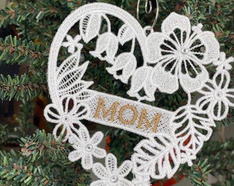 Lace Heart Ornament Mom Gift Idea Keepsake Embroidered Decoration Maternal Heirloom Handmade Floral Delicate Design Personalized Name
