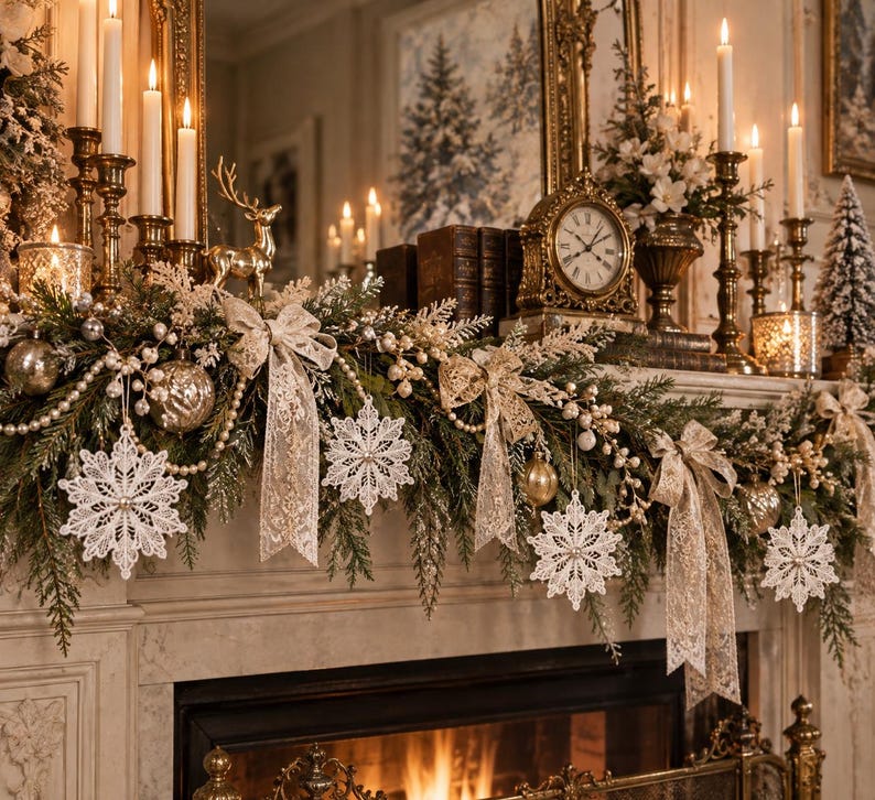 May include: A fireplace mantel decorated with a lush green garland featuring white lace snowflake ornaments, gold ribbons, and silver baubles. The display includes tall brass candlesticks with lit candles, a gold reindeer figurine, and a vintage clock.