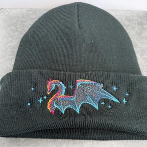 Dragon Winter Beanie Black Knit Fantasy Hat Embroidered Design Mythical Creature Gothic Cap Warm Headwear Fleece Lined Acrylic Beanie Unisex image 7