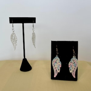 Sympathy Gift Earrings Memorial Angel Wings Lace Embroidered Design Remembrance Jewelry Bereavement Keepsake Memory Tribute Accessory Handcrafted Wing Earrings Customizable Color Options Hypoallergenic Materials Lightweight Comfortable