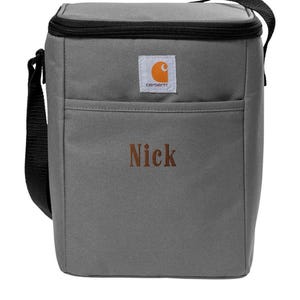 Rugged Carhartt Cooler Bag Insulated Thermal Container Personalized Embroidered Custom Monogram Gift Durable Polyester Construction Rain Defender Water Repellent Treatment Twelve Can Capacity Storage Adjustable Shoulder Strap Work Lunch