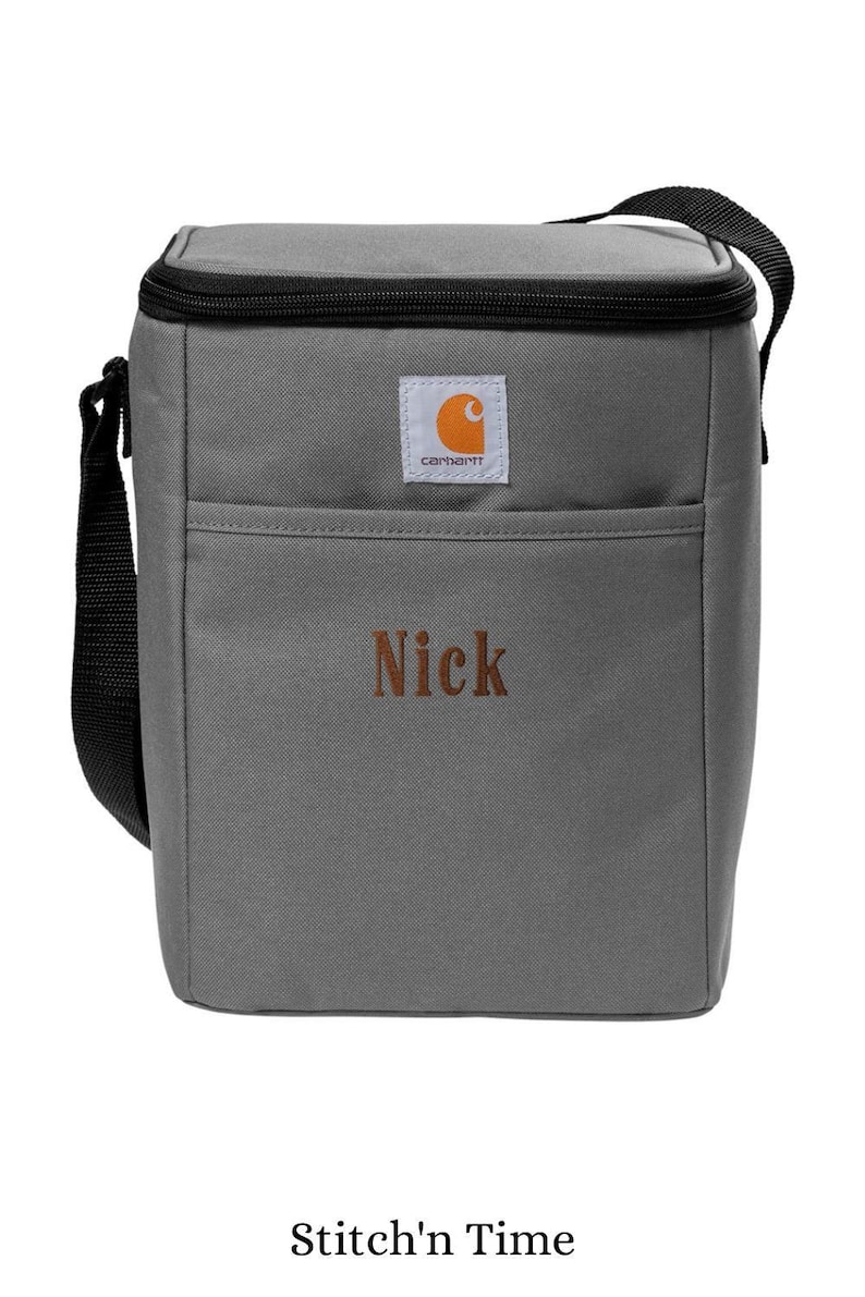 Rugged Carhartt Cooler Bag Insulated Thermal Container Personalized Embroidered Custom Monogram Gift Durable Polyester Construction Rain Defender Water Repellent Treatment Twelve Can Capacity Storage Adjustable Shoulder Strap Work Lunch