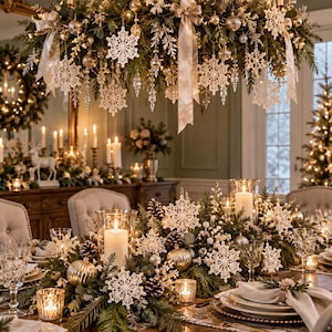 May include: A dining table centerpiece featuring evergreen branches, pinecones, white snowflake ornaments, and gold baubles, accented by glass candle holders with pillar candles and crystal glassware, beneath a matching hanging chandelier.