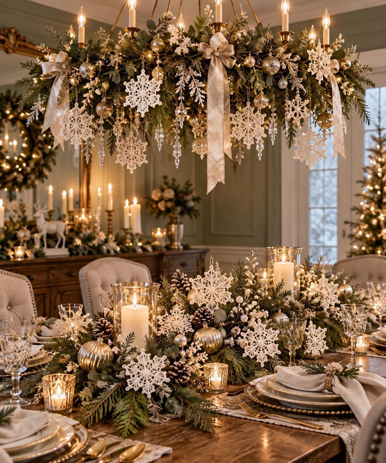 May include: A dining table centerpiece featuring evergreen branches, pinecones, white snowflake ornaments, and gold baubles, accented by glass candle holders with pillar candles and crystal glassware, beneath a matching hanging chandelier.