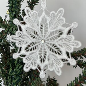 White Snowflake Ornament Christmas Tree Decoration Handmade Lace Design Winter Holiday Decor Vintage Christmas Keepsake Gift Idea Teacher Appreciation Present Beautiful Festive Hanging Elegant Display Traditional Home Accent Intricate