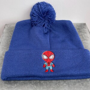 Superhero Beanie Hat Winter Accessory Christmas Gift Embroidered Design Royal Blue Pom Cozy Comic Character Chunky Knit Warm Headgear Cold