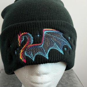 Dragon Winter Beanie Black Knit Fantasy Hat Embroidered Design Mythical Creature Gothic Cap Warm Headwear Fleece Lined Acrylic Beanie Unisex image 8