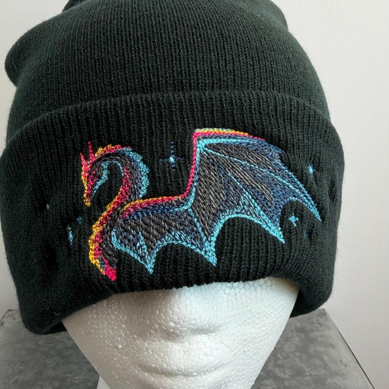 Dragon Winter Beanie Black Knit Fantasy Hat Embroidered Design Mythical Creature Gothic Cap Warm Headwear Fleece Lined Acrylic Beanie Unisex image 8