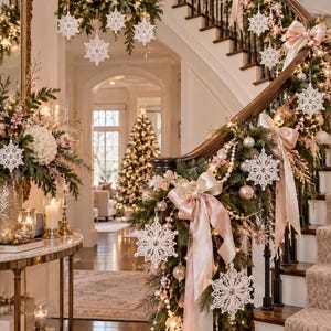 May include: A staircase decorated with green pine garland, soft pink satin ribbons, strings of white pearls, and intricate white snowflake ornaments. The display features warm lighting and a Christmas tree in the background.