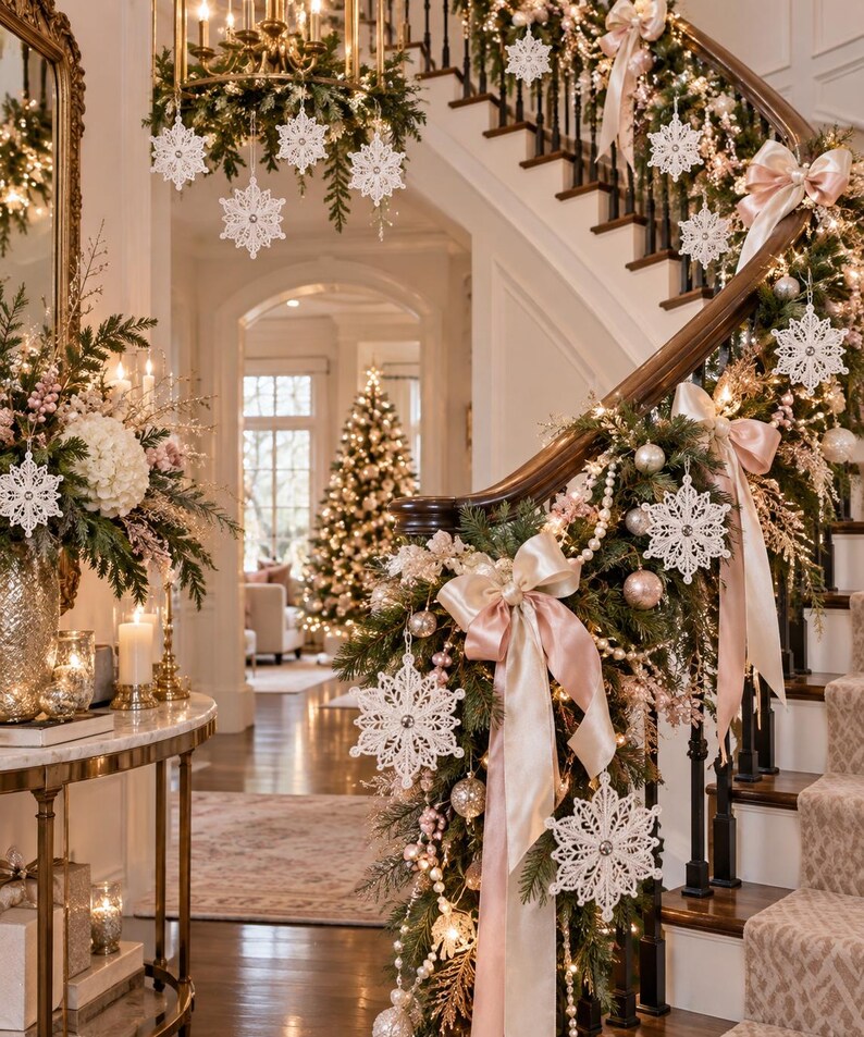 May include: A staircase decorated with green pine garland, soft pink satin ribbons, strings of white pearls, and intricate white snowflake ornaments. The display features warm lighting and a Christmas tree in the background.