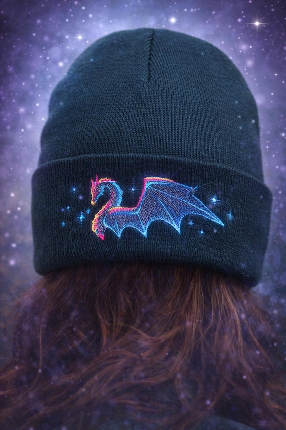 Dragon Winter Beanie Black Knit Fantasy Hat Embroidered Design Mythical Creature Gothic Cap Warm Headwear Fleece Lined Acrylic Beanie Unisex
