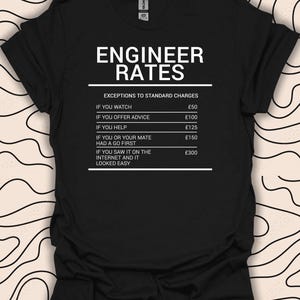 Może przedstawiać: Czarny T-shirt z białym tekstem, który brzmi "Engineer Rates" i wymienia wyjątki od standardowych opłat za różne poziomy pomocy, takie jak oglądanie, udzielanie porad, pomoc i wykonanie pracy dla kogoś.
