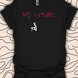 以下が含まれることがあります： 黒いTシャツに赤い文字で「NO FUTURE」と書いてあり、赤い風船を持った小さな子供がいます。