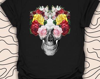 Camiseta con calavera floral – Camiseta artística con esqueleto floral – Camiseta unisex para hombre y mujer con calavera floral gótica, 1290 piezas