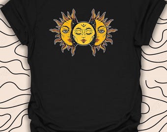 Sonne Mond Gesichter T-Shirt - Mystisch Himmlisch Tee - Boho Sonne und Mond Design Geschenk Unisex Männer Frauen Shirt 2594PC