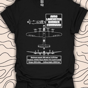 Avro Lancaster Bomber T-Shirt – Diagrama de aeronave da Segunda Guerra Mundial Tee – Presente de aviação militar vintage Camisa unissex masculina e feminina 2063PC