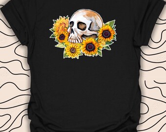 T-shirt med dödskalle och solrosor – Gotisk blommig t-shirt – Edgy Boho Design Gåva Unisex Herr Dam T-shirt 2547PC