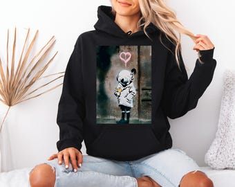 Felpa Con Cappuccio Unisex Banksy Balloon Girl - Stampata, 280 G/m², 80% Cotone 20% Poliestere, Stile Relaxed, Senza Tasca, Passanti Per Auricolari