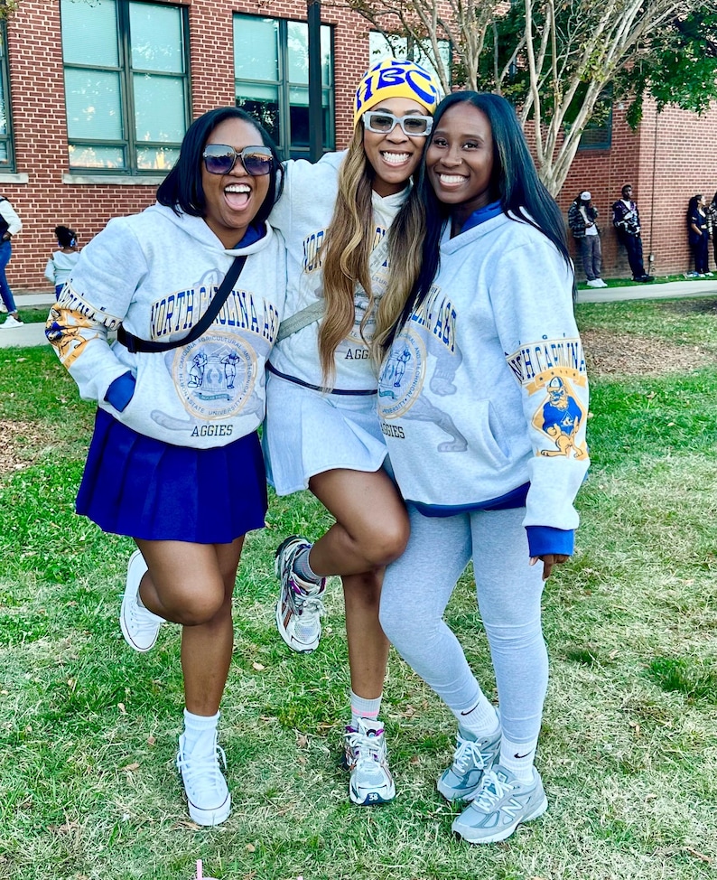 May include: Three light gray hooded sweatshirts featuring the text North Carolina A&T and Aggies with a circular university seal graphic on the front and a bulldog mascot on the sleeve. The sweatshirts are paired with a blue pleated skirt and gray leggings.
