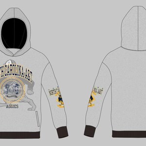 May include: A light gray hooded sweatshirt with black cuffs and hem. The front features the text North Carolina A&T and Aggies with a circular graphic. Both sleeves display the text North Carolina A&T with a small mascot figure.