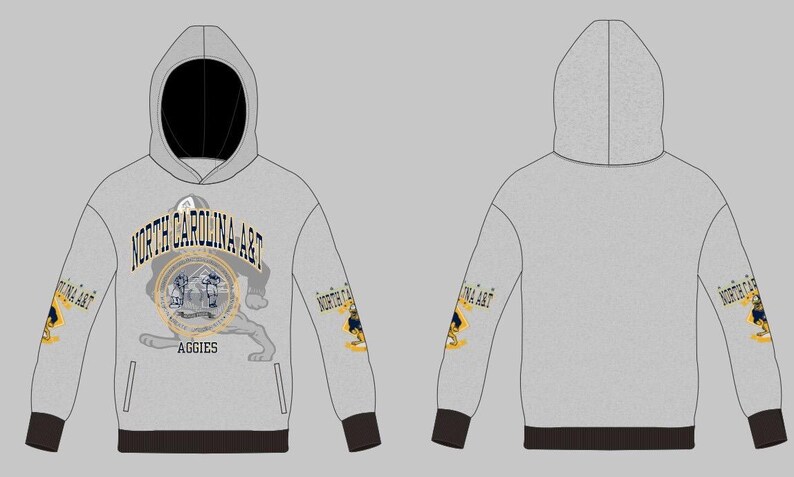 May include: A light gray hooded sweatshirt with black cuffs and hem. The front features the text North Carolina A&T and Aggies with a circular graphic. Both sleeves display the text North Carolina A&T with a small mascot figure.