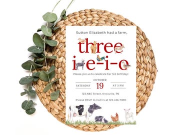Editable Three I-E-I-O Birthday Invitations