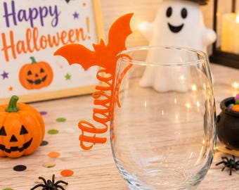 Personalized Halloween Glass Charm, Spooky Name Drink Marker (4" Long)