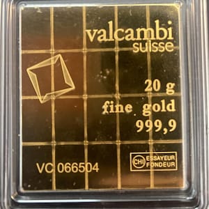 Brand New 20 Grams Solid 24K Gold Bar 999.9 Fine Bullion Pure Valcambi Swiss Made.