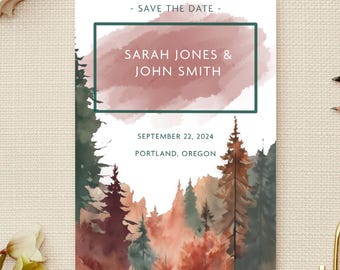 Rustic Watercolor Forest Save The Date | Customizable Digital Download | Autumn Wedding Invitation