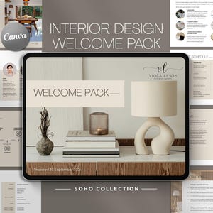Puede incluir: Un paquete de bienvenida de diseño de interiores en una tableta, con una lámpara, libros y elementos decorativos. El texto "WELCOME PACK" es prominente, con el logotipo de Viola Lewis y "SOHO COLLECTION" en la parte inferior. El logotipo de Canva también es visible.