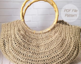 Crochet Half-Moon Tote, Handbag jute with bamboo handles, Straw half-round bag, PDF Pattern/Tutorial